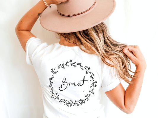 JGA T-Shirts mit Blumenkranz personalisiert für Braut und Crew - Braut Crew Shop