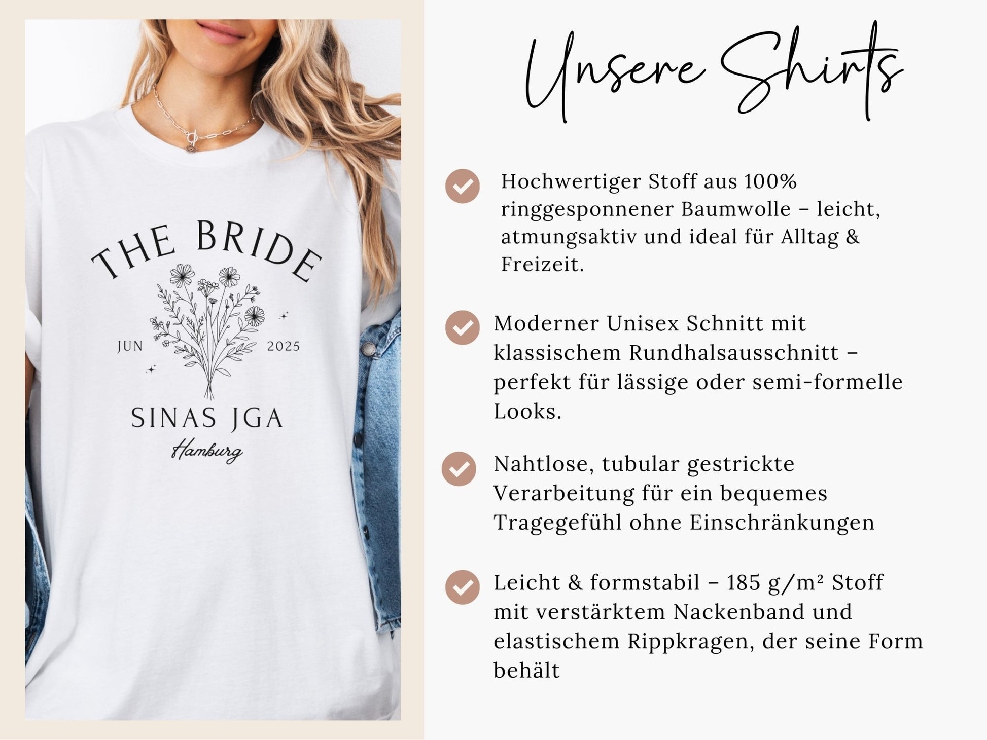JGA T-Shirt Personalisiert Mit Blumen - Design - Braut Crew Shop