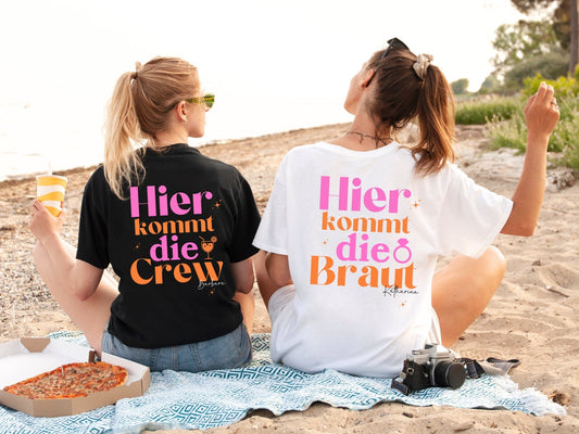 JGA T-Shirts mit bunten Farben und Namen - Braut Crew Shop