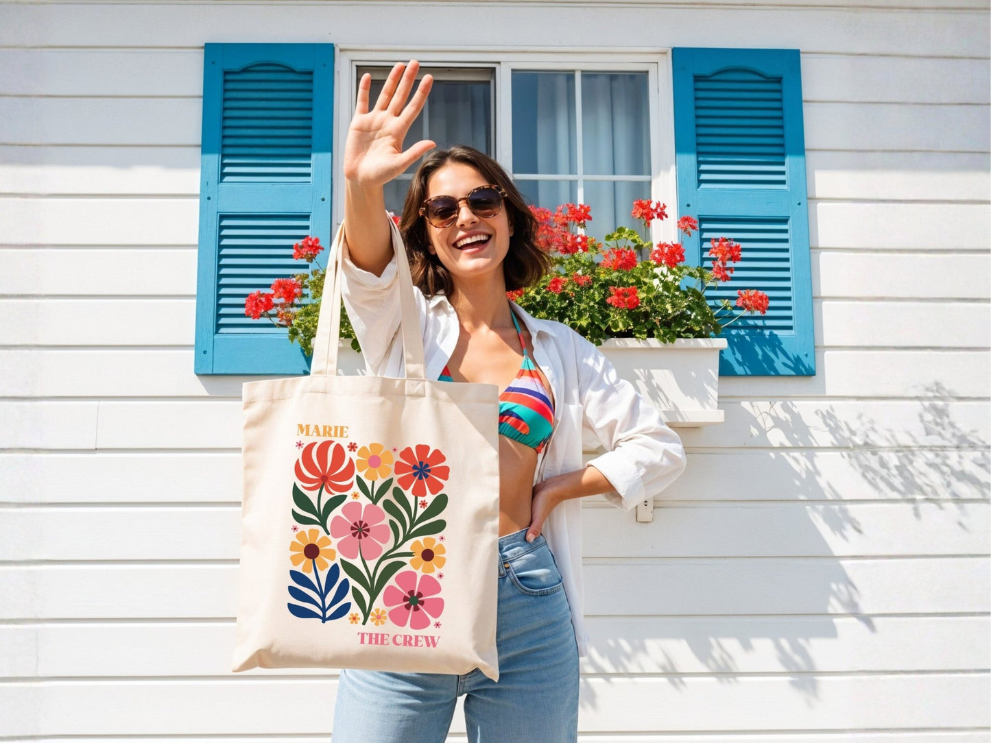 JGA Tasche im Boho Blumen Stil personalisiert - Braut Crew Shop