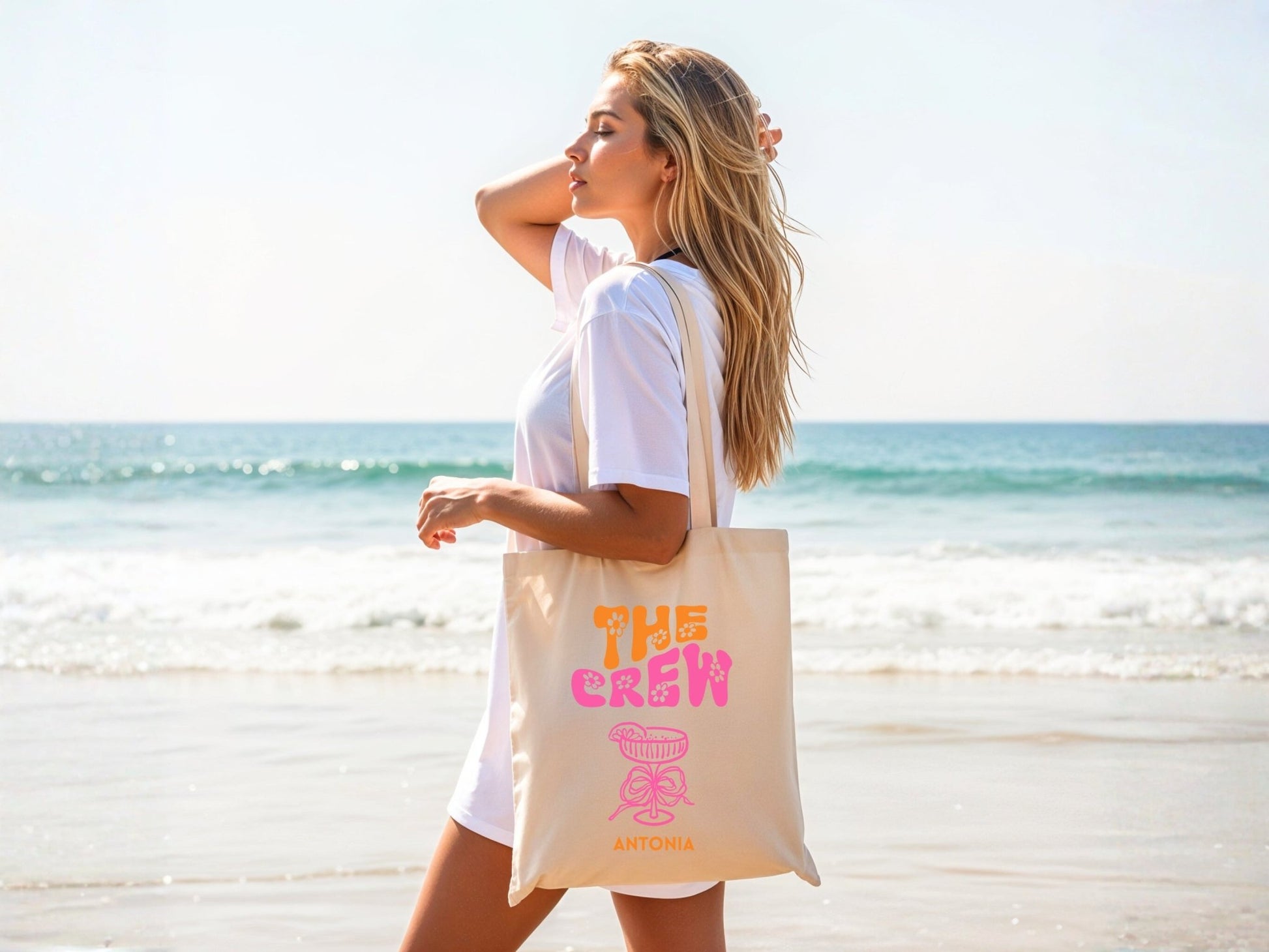JGA Tasche im Retro Stil personalisiert mit Blumen - Braut Crew Shop