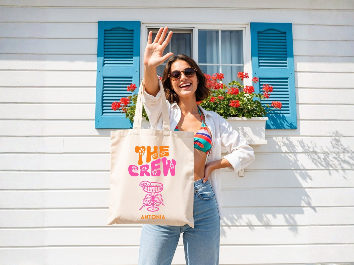 JGA Tasche im Retro Stil personalisiert mit Blumen - Braut Crew Shop