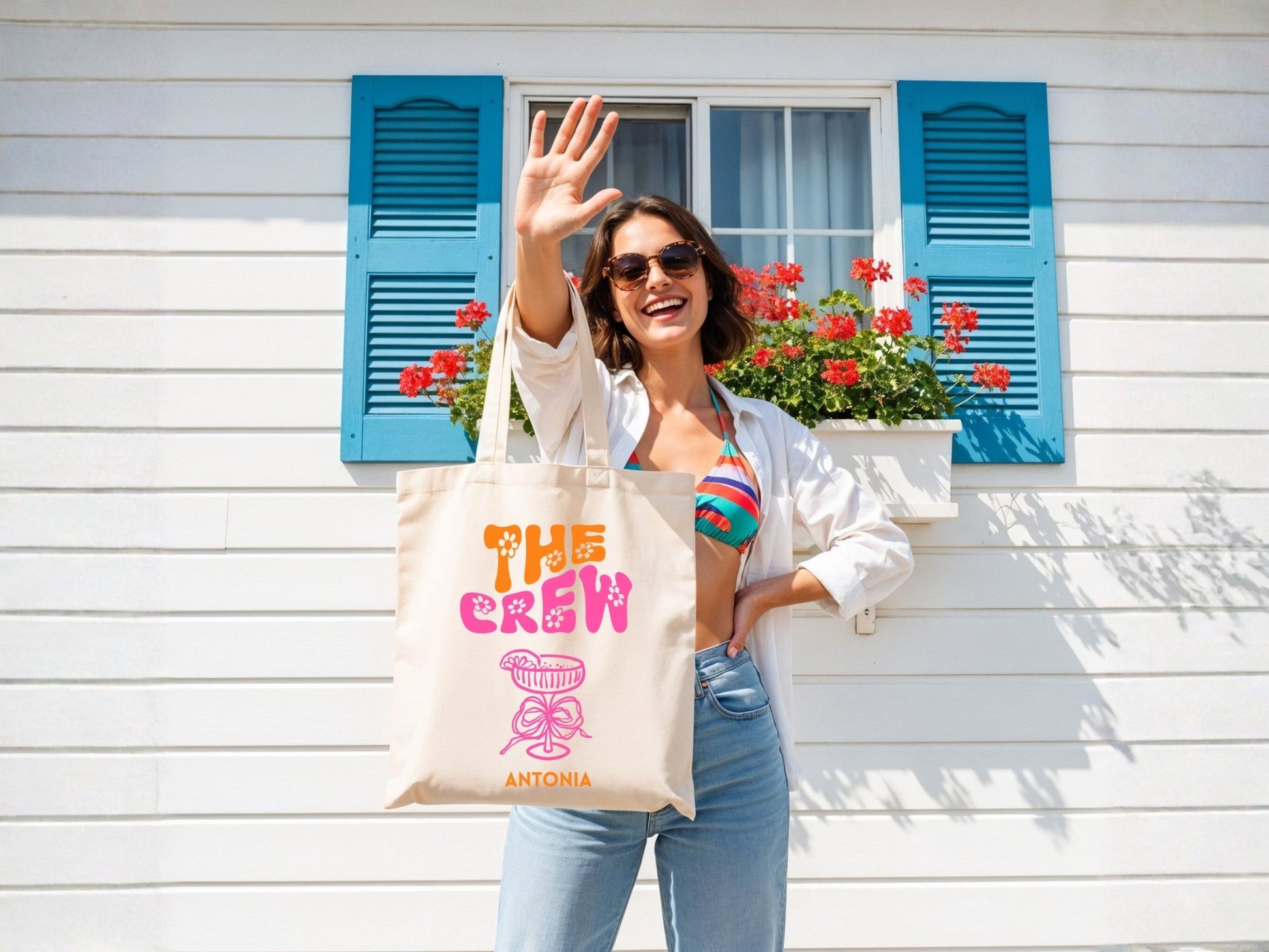 JGA Tasche im Retro Stil personalisiert mit Blumen - Braut Crew Shop