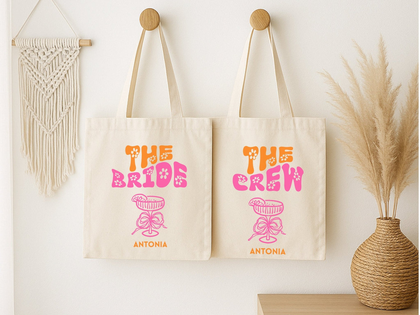 JGA Tasche im Retro Stil personalisiert mit Blumen - Braut Crew Shop