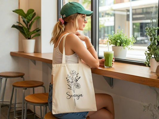 Minimalistische JGA Tasche mit Blumen personalisiert - Braut Crew Shop